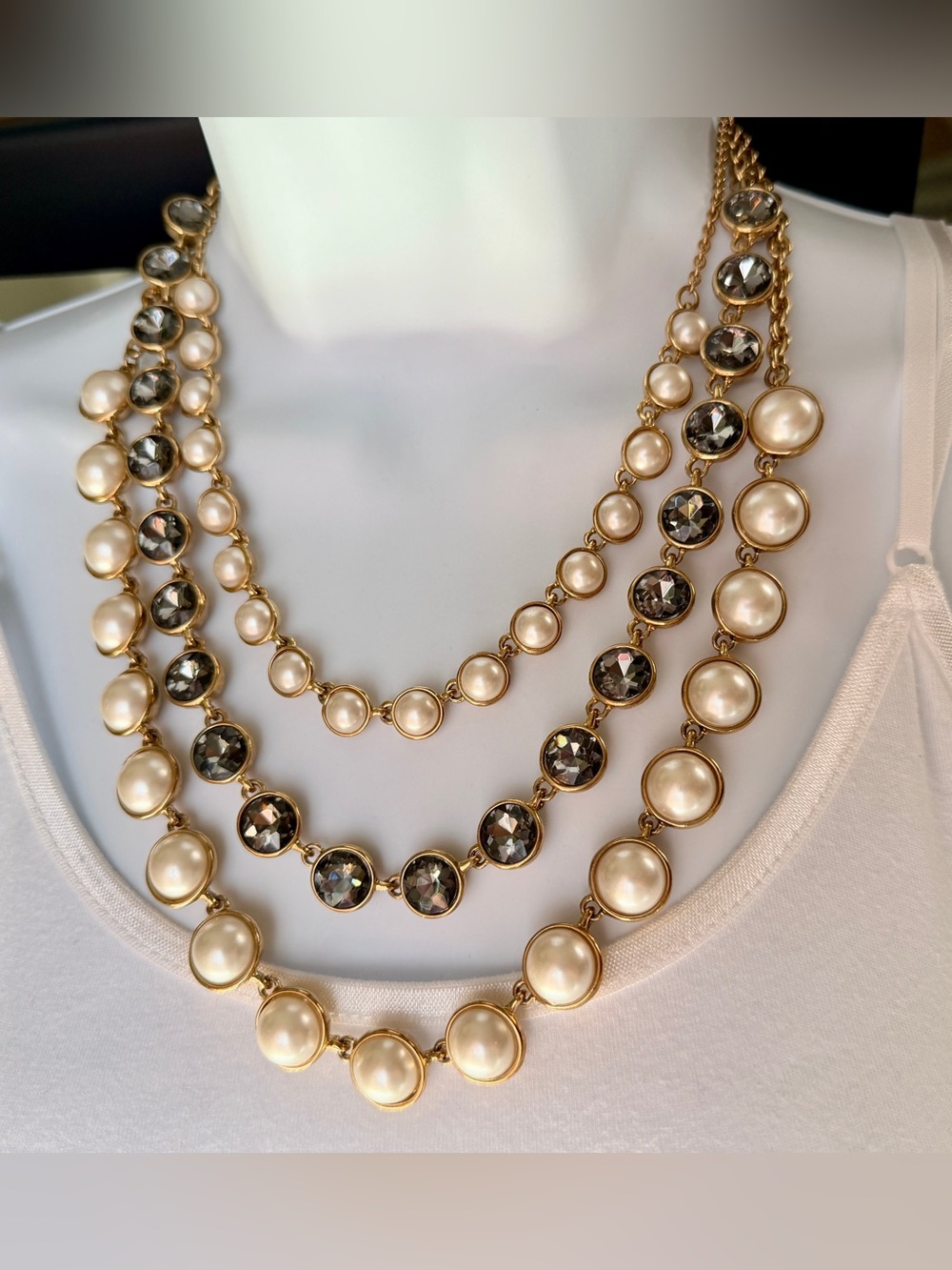 Ann Taylor Gold-Tone Multi-Strand Pearl and Smoky Crystal Necklace 18” Adusts